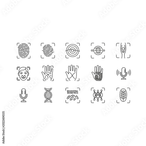 Biometric identification technology and personal verification system icons