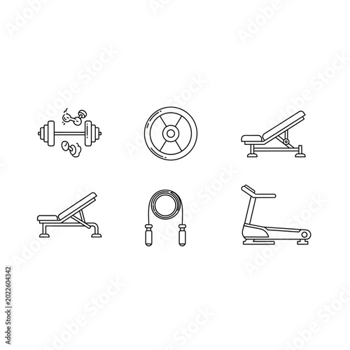 Gym fitness equipment and workout training activity icons with training