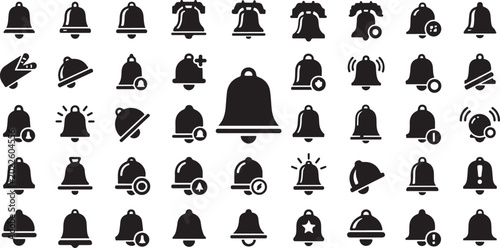 Vintage Bell Icon Set Seamless Pattern – Black Alarm, Notification and Service Bells.