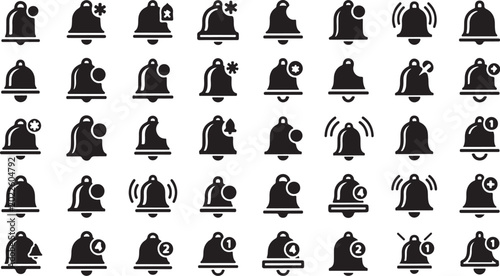 Vintage Bell Icon Set Seamless Pattern – Black Alarm, Notification and Service Bells.