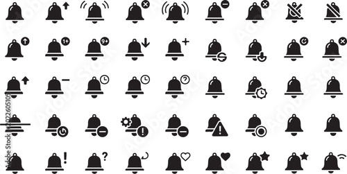 Vintage Bell Icon Set Seamless Pattern – Black Alarm, Notification and Service Bells.