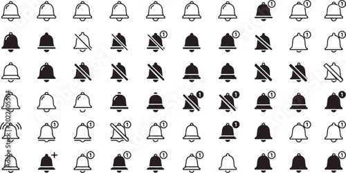 Vintage Bell Icon Set Seamless Pattern – Black Alarm, Notification and Service Bells.