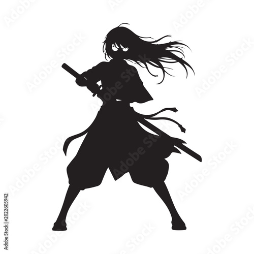 Female samurai warrior silhouette with katana and long flowing hair in traditional japanese attire for manga and anime design