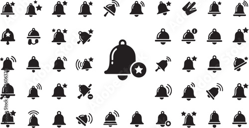 Vintage Bell Icon Set Seamless Pattern – Black Alarm, Notification and Service Bells.