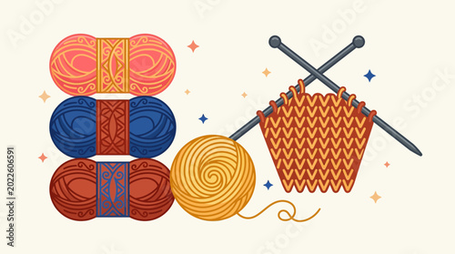 Canvastavla Colorful Knitting Supplies Illustration with Skeins of Yarn and Needles for Craf