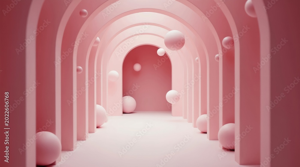 Fototapeta premium Pink archway corridor with floating spheres, minimalist modern pastel design. Abstract 3D hallway, studio background for beauty or tech concepts. Clean geometric forms, digital art.