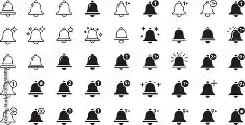 Vintage Bell Icon Set Seamless Pattern – Black Alarm, Notification and Service Bells.