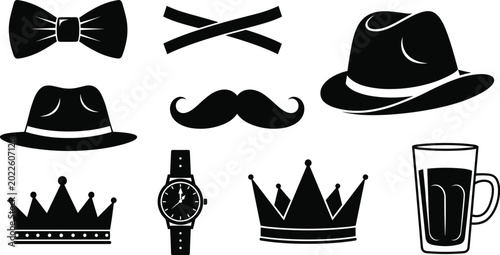 Photos Gentleman Accessories Silhouette Icon Set Featuring Fedora Hat, Bow Tie, Mustach