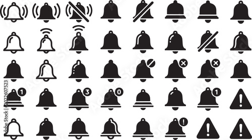 Vintage Bell Icon Set Seamless Pattern – Black Alarm, Notification and Service Bells.