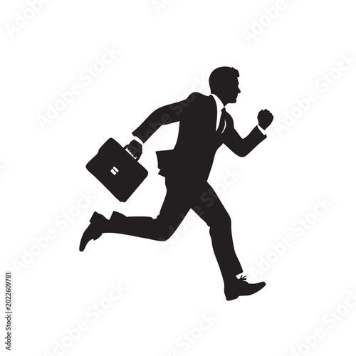 Silhouette of a businessman running with a briefcase representing speed business and urgency isolated on a white background