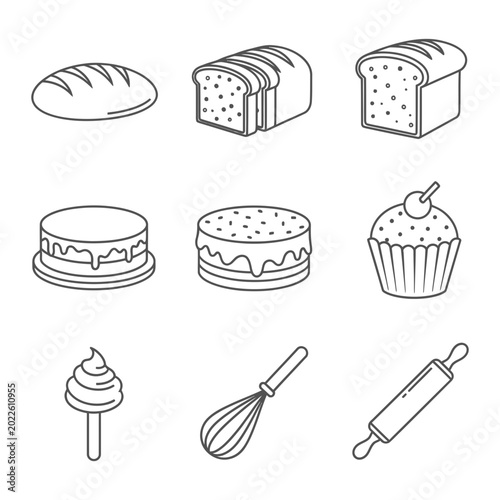 фотографія Bakery and pastry line art icon collection with bakeware restaurant delicious
