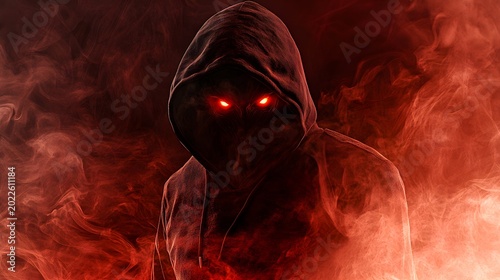 Mysterious figure in a hooded sweatshirt with glowing red eyes amidst red smoke