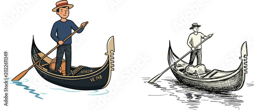 Schilderij op canvas Venice gondola vector set with gondolier steering boat in color cartoon and vint