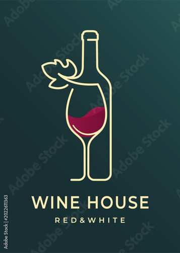 Elegant wine house logo with continuous line art bottle, glass, leaf and red wine wave, luxury minimalist vector illustration