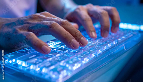 Asian remote worker hands typing on transparent mechanical keyboard, cyberpunk ambient light, no face