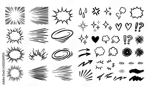 Comic book expression elements, speech bubbles, and action burst line art.