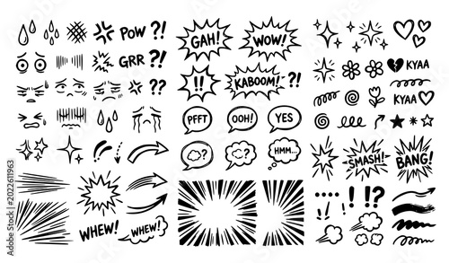 Large collection of hand drawn comic speech bubbles, starbursts, and text effects.