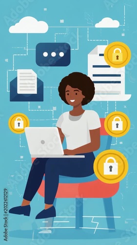 Woman Working on Laptop with Security and Data Protection Icons in Digital Environment Cartoon Flat Design Vertical Video Animation