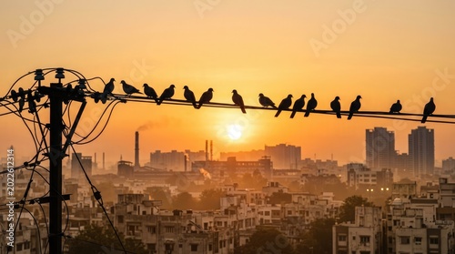 Birds sit on power line at sunset over cityscape with buildings and wires
