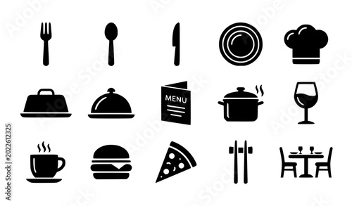 Dining and catering service icons collection for cafe or restaurant branding.