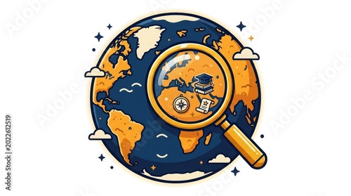 A magnifying glass zooms in on a globe with a plane flying over it.