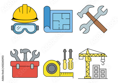 Construction and engineering icons set: hard hat, blueprint, tools, toolbox, measuring tape, and crane.