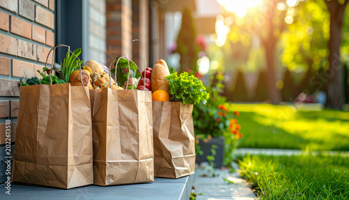 Sustainable grocery delivery paper bags on apartment doorstep, urban lifestyle photography