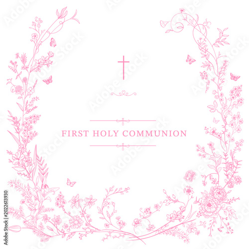 Vintage hand drawn floral frame with cross and First Holy Communion text, soft pink botanical illustration for religious invitations