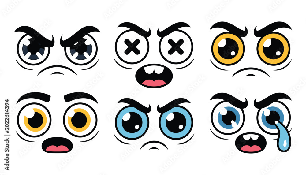 Fototapeta premium Cartoon eyes expressions set angry dazed sad and crying faces