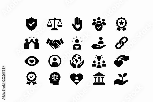 Quadro em tela Set of black ethics and corporate values icons including justice scale handshake