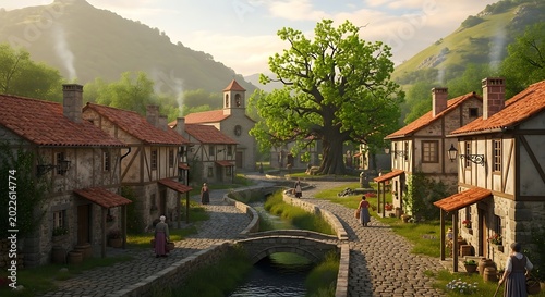Picturesque rural village with charming old buildings, a stream, and a church, bathed in warm light
