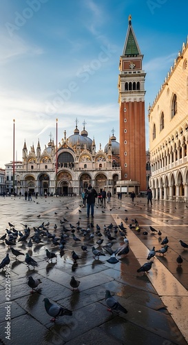 Pigeons flock in a historic European piazza with ornate buildings and a tall bell tower
