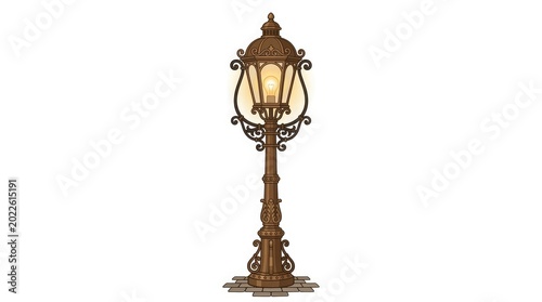 An ornate street lamp stands alone in a serene environment at dusk.