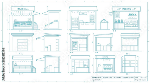 Obraz na płótnie Blueprint elevation drawings of market stalls and retail kiosks in CAD for plann