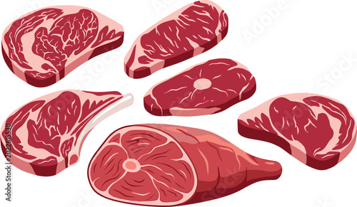 Foto Raw beef steak cuts set vector illustration isolated on white background flat fr