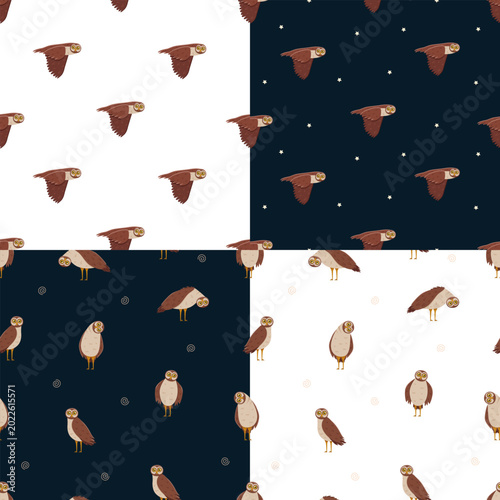 Slika na platnu Set of seamless pattern cute funny owl with tilted leaned head