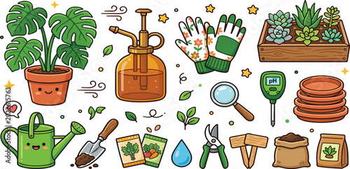 Photos Cute Houseplant Care And Gardening Set With Monstera Succulents Watering Can Too