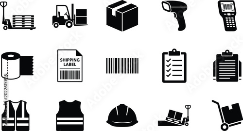 Photos Minimalist Warehouse, Shipping, and Logistics Icon Set Featuring Forklifts, Pack