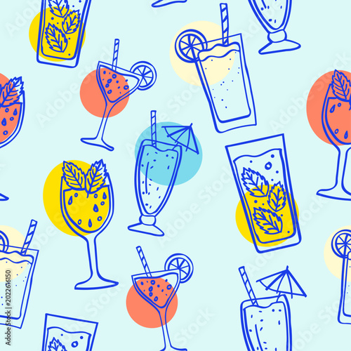 Alcohol drinks seamless pattern: blue line art cocktails, mocktails with colored accents on light background. Doodle minimalist vector pattern of hand-drawn alcoholic beverages. Retro summer drinks