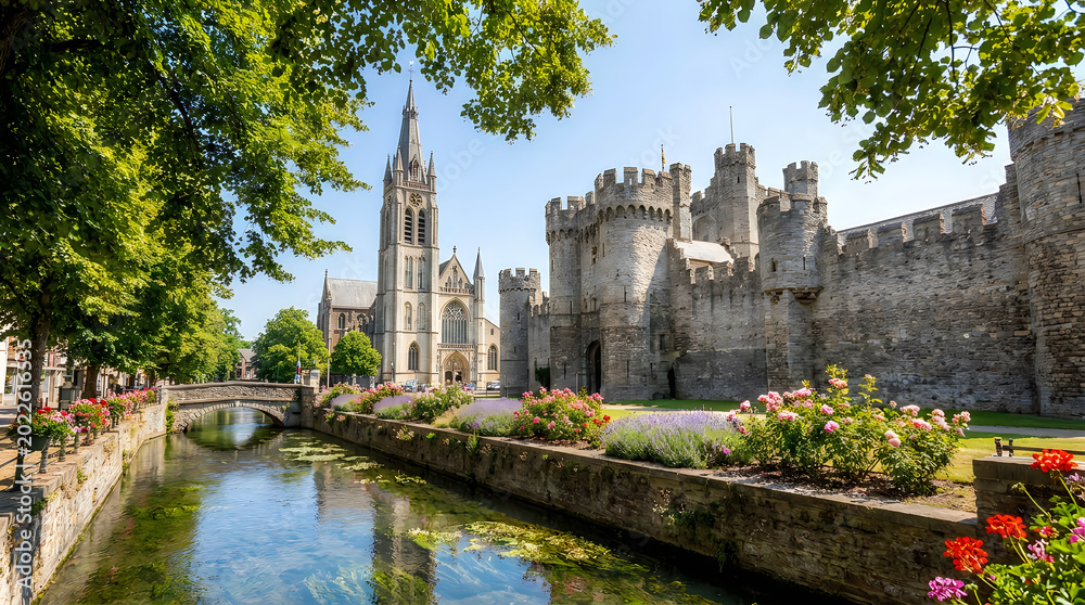 Obraz premium Medieval castle and church by a canal in ghent, belgium