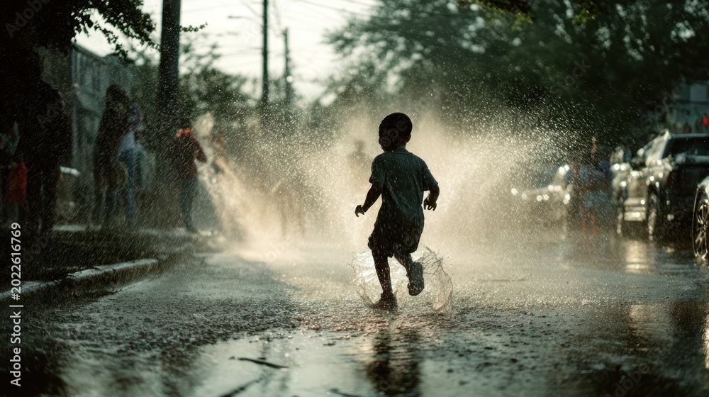Obraz premium Joyful Splash: A child frolics in a refreshing puddle, running through a cascade of water on a sun-drenched street, celebrating the simple joys of childhood.
