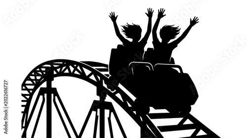 Two riders raise their hands on a roller coaster at an amusement park. Silhouetted figures speed over a steel track with windblown hair and elated energy.