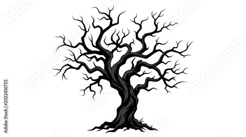 A large barren tree stands alone in a desolate landscape with twisted branches and a thick trunk.