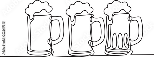 Photos Continuous one line drawing of three beer mugs filled with frothy beverage, perf