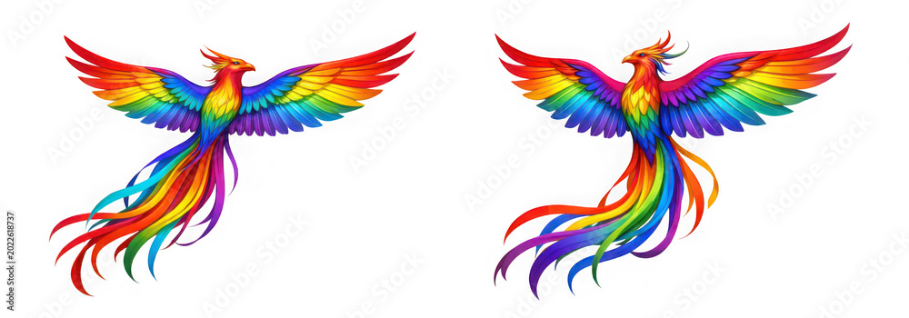 Fototapeta premium Mythical rainbow phoenix birds with colorful feathers and long tails as isolated on transparent background