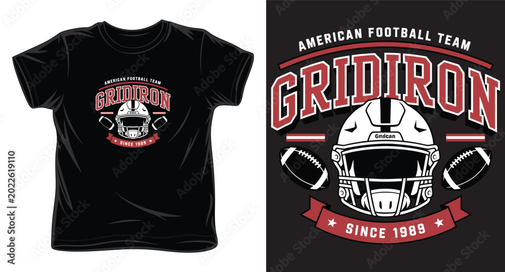 Fototapeta premium American football helmet icon logo with footballs and typography for sports team merchandise and graphic design.