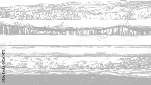 Photography Grunge style illustration of a serene lake with mountains in the background and
