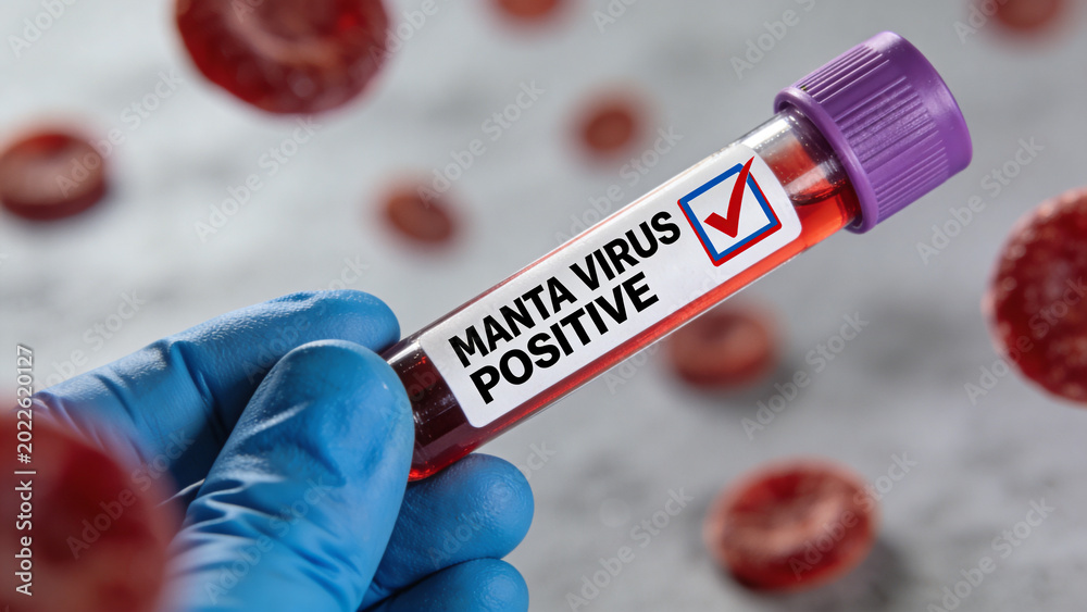 Obraz premium A gloved hand holds a medical test tube containing a red liquid sample marked Manta Virus Positive.