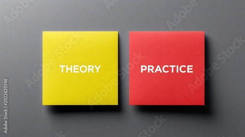 Conceptual representation of theory versus practice using colorful sticky notes