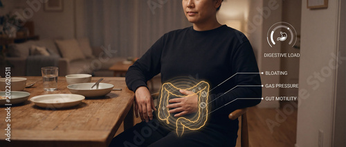 Digestive bloating concept with gut motility and gas pressure anatomy overlay